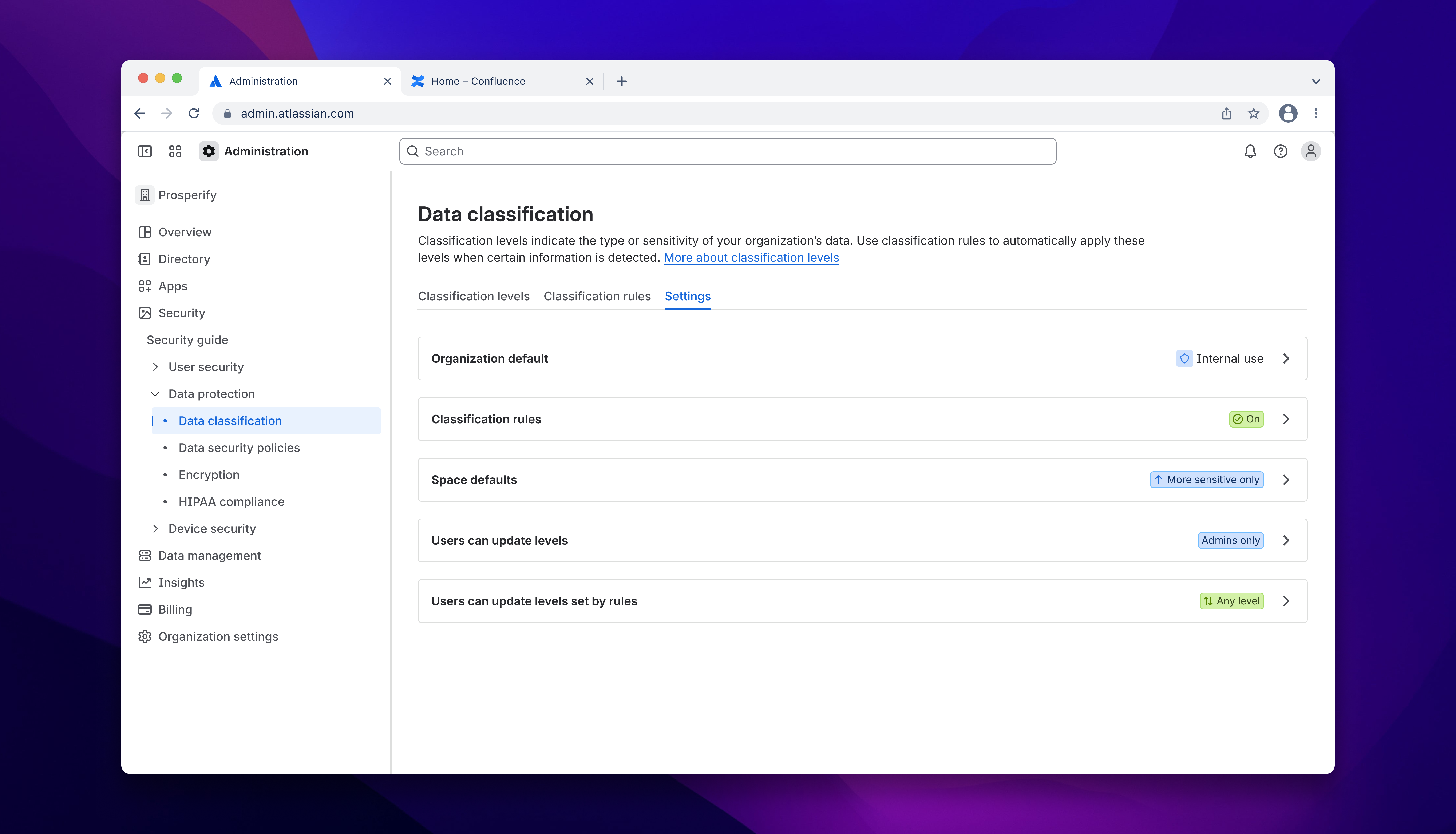 Guard Premium data classification settings: organisation default, space defaults, and related options.
