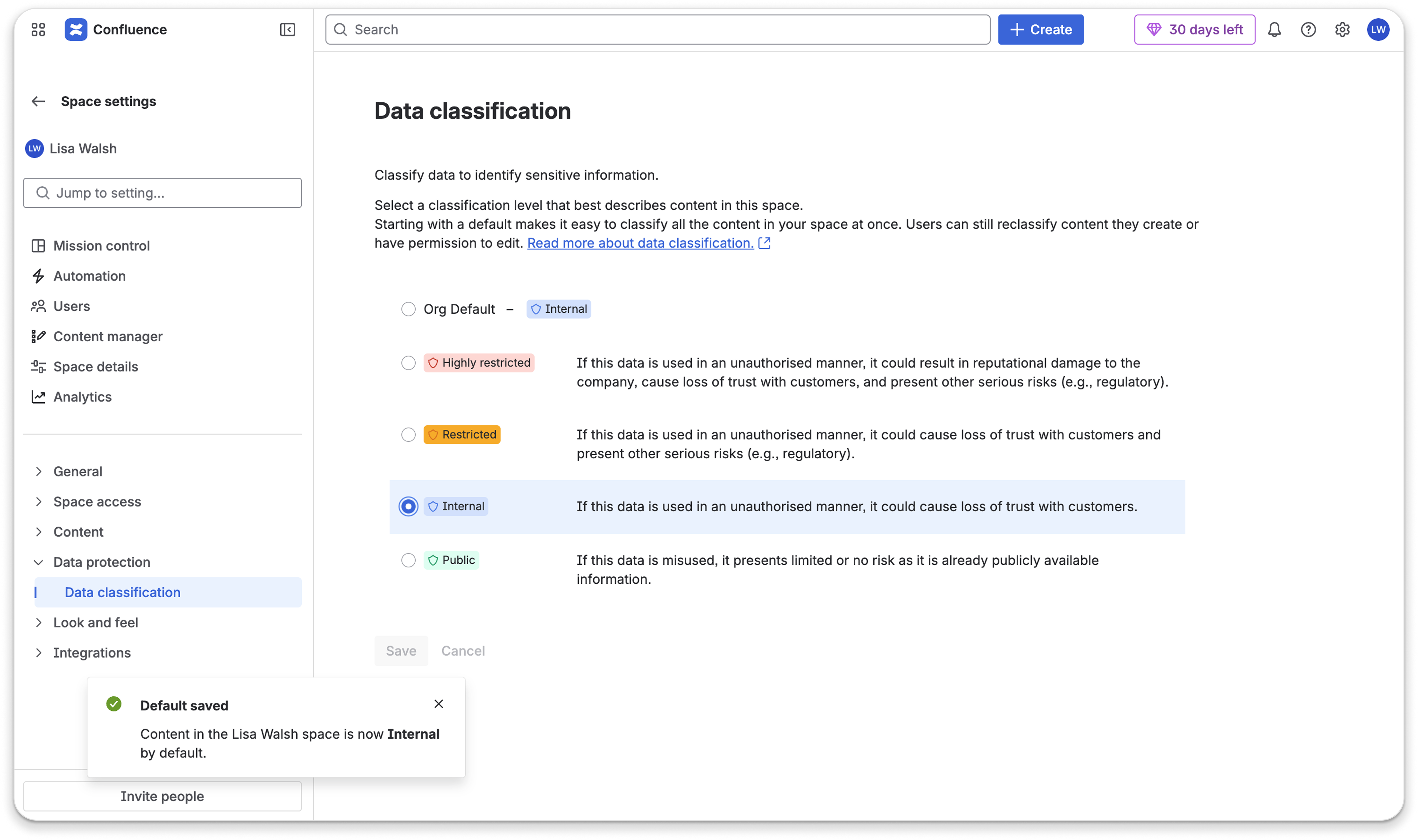 Confluence space-level data classification settings — previous full-screen experience with org defaults toggle and split layout, before the interaction redesign.