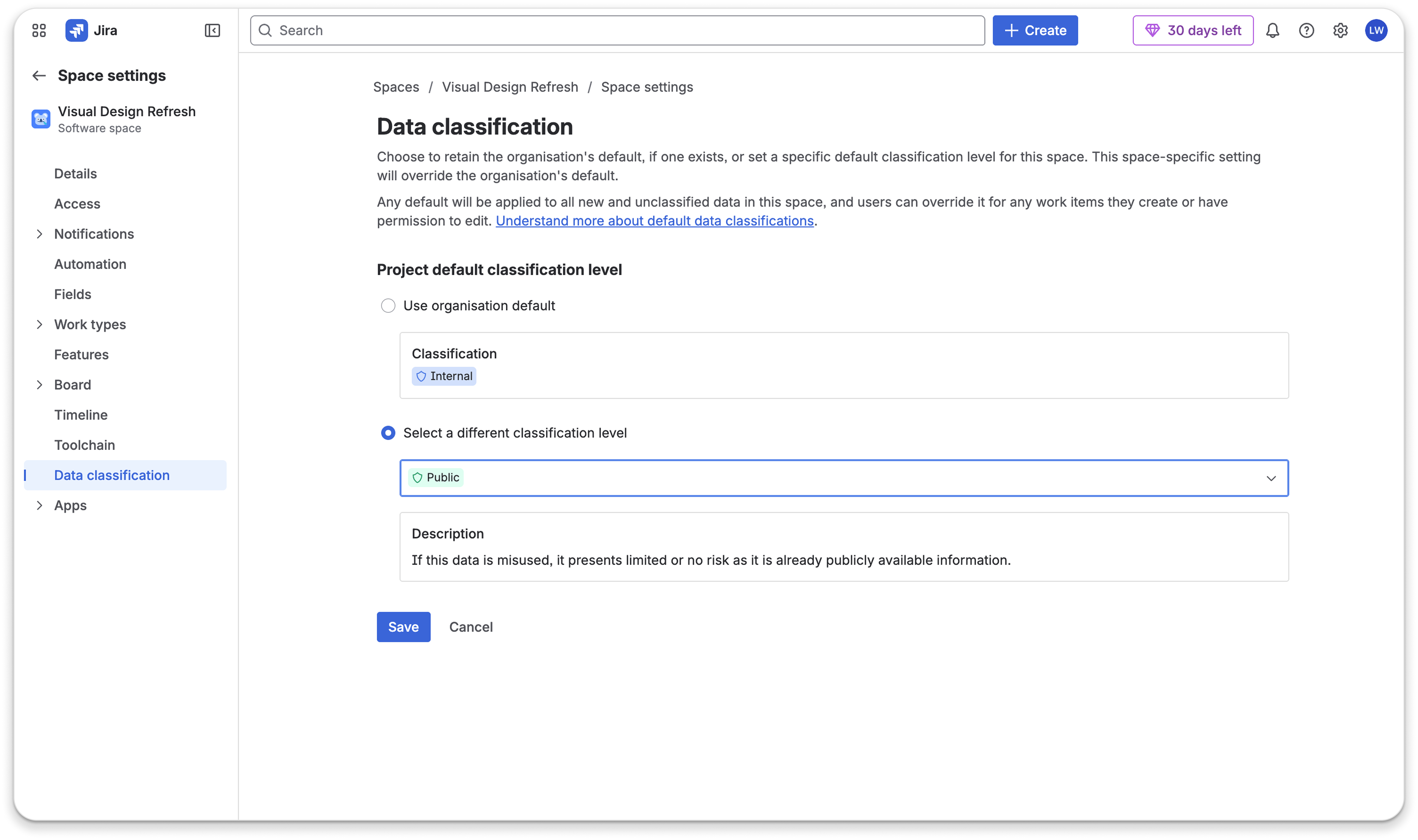Jira space-level data classification settings showing the adopted interaction design.