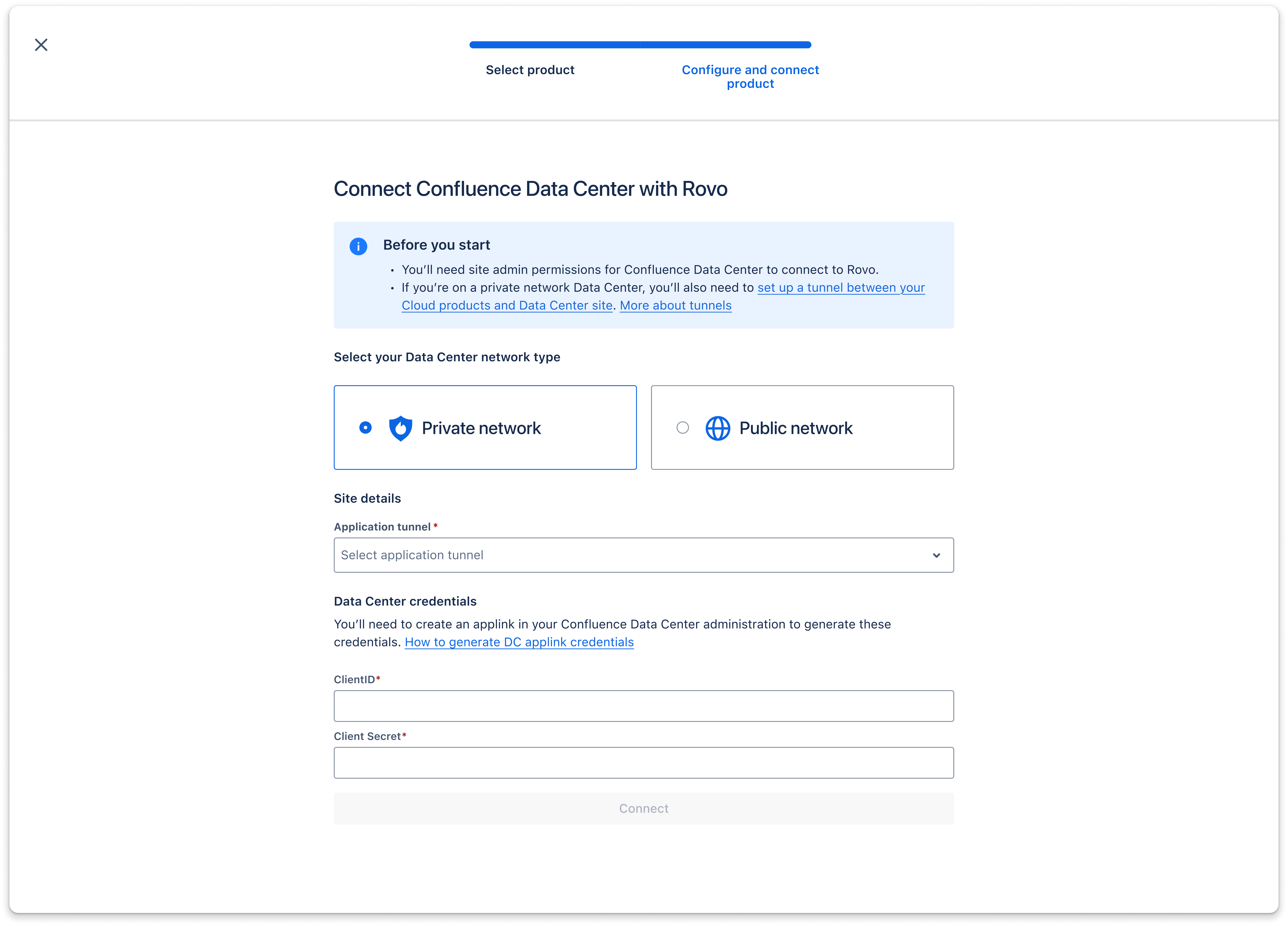 Rovo connector for Data Center: connection flow and administration experience.